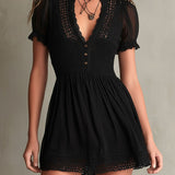 Abito Mini Nero Plissettato con Pizzo