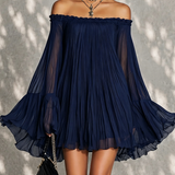 Abito Mini a Maniche a Campana con Ruches e Spalle Scoperte Blu Navy