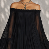 Abito Mini Nero con Maniche a Campana e Rouches Off-shoulder