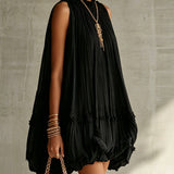 Abito Mini Bubble in Chiffon Nero con Collo Halter e Volant