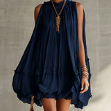 Abito Mini Bubble in Chiffon Ruffle con Scollo Halter Blu Navy