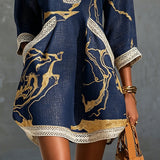 Abito Mini in Pizzo all'Uncinetto con Scollo a V Stampato Oro Navy