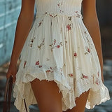 Abito Mini Bohemien con Spalline a Spaghetti e Stampa Floreale Bianca