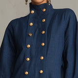 Abito Mini a Collo Alto Blu Navy con Bottoni e Rouches