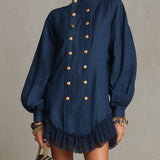 Abito Mini a Collo Alto Blu Navy con Bottoni e Rouches