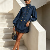 Abito Mini a Collo Alto Blu Navy con Bottoni e Rouches