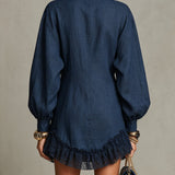 Abito Mini a Collo Alto Blu Navy con Bottoni e Rouches