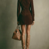 Abito Mini in Finta Suede Marrone con Collo Alto e Zip