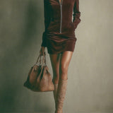 Abito Mini in Finta Suede Marrone con Collo Alto e Zip