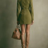 Abito Mini in Finta Suede Marrone con Collo Alto e Zip