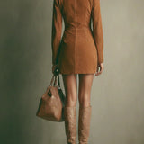 Abito Mini in Finta Suede Marrone con Collo Alto e Zip