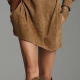 Abito Mini in Suede Marrone con Zip e Collo Alto