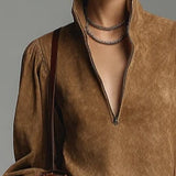 Abito Mini in Suede Marrone con Zip e Collo Alto