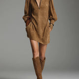 Abito Mini in Suede Marrone con Zip e Collo Alto
