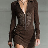 Abito Mini Ricamato in Suede Sintetico Marrone Scuro
