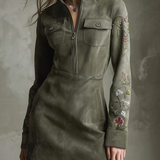 Abito Mini Mezza Zip in Suede Sintetico Ricamato Verde