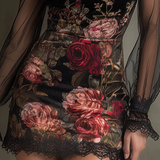 Mini Abito in Tulle con Stampa Rose di Velluto e Bordo in Pizzo