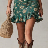 Abito Mini Ruffled Stampato Verde Bohemien