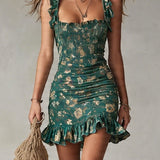 Abito Mini Stampato Verde Bohemien con Volant