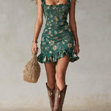 Abito Mini Stampato Verde Bohemien con Volant